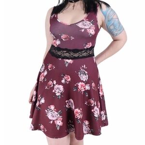 Rue21 Women's Medium Mid Dress Floral Rose V-Neck Lace See-Through Center Maroon